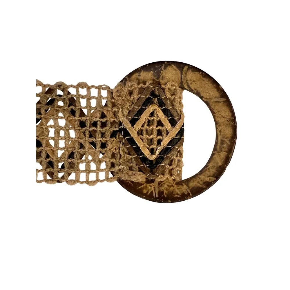 Boho Woven Straw Belt Natural Tan Geometric Diamond Buckle 40in